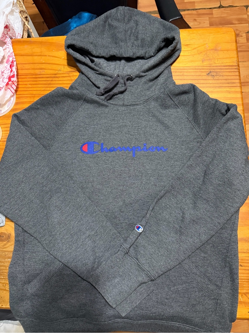 Champion Dark Heather Gray Hoodie with Blue & Red Script Logo